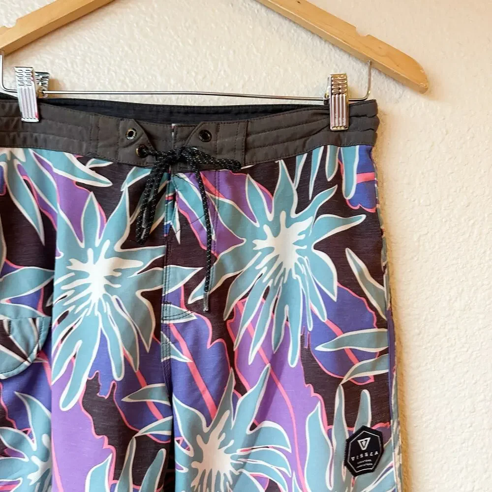 Vissla Lucid 4 Way Stretch Boardshorts Floral Swim Trunks Purple Blue Mens 31